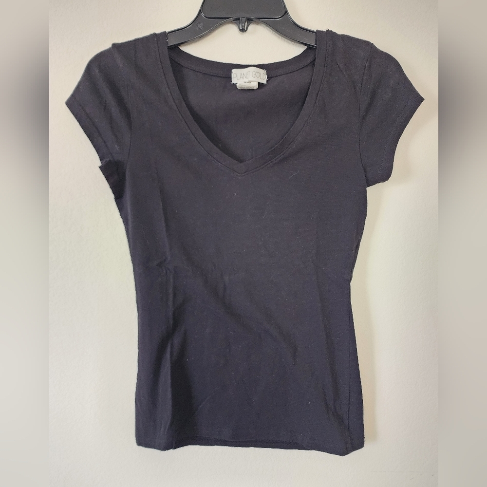 🎀Y2k Planet Gold Black Short Sleeve V-Neck T-Shirt - Junior's Medium🎀